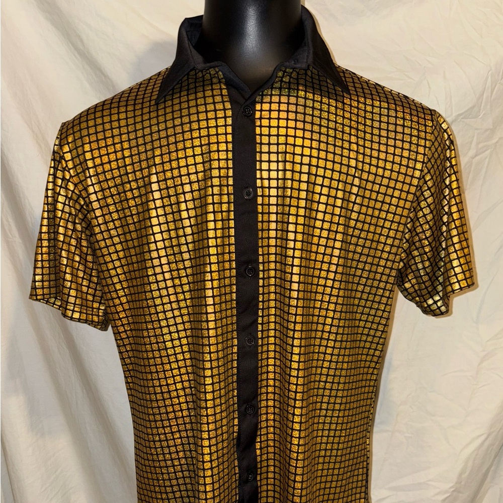 Jogal Mens Gold Metallic Shiny Disco Dance Club Retro Short Sleeve Shirt Medium